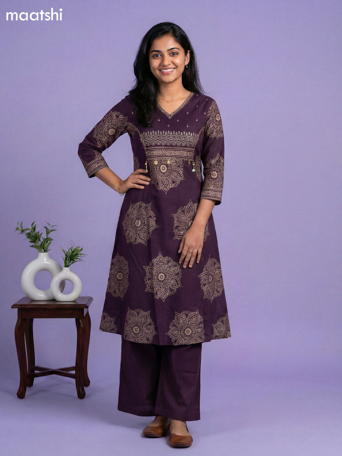 Violet Cotton Printed A-Line Suit