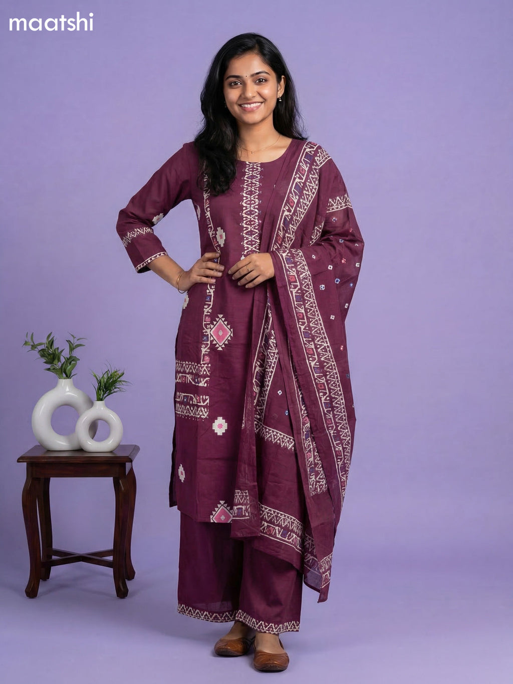 Dark Magenta Pink Cotton Printed & Simple Embroidery Work Straight Suit