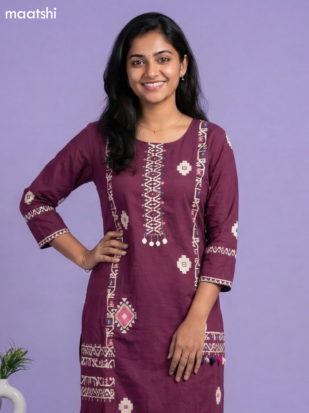 Dark Magenta Pink Cotton Printed & Simple Embroidery Work Straight Suit