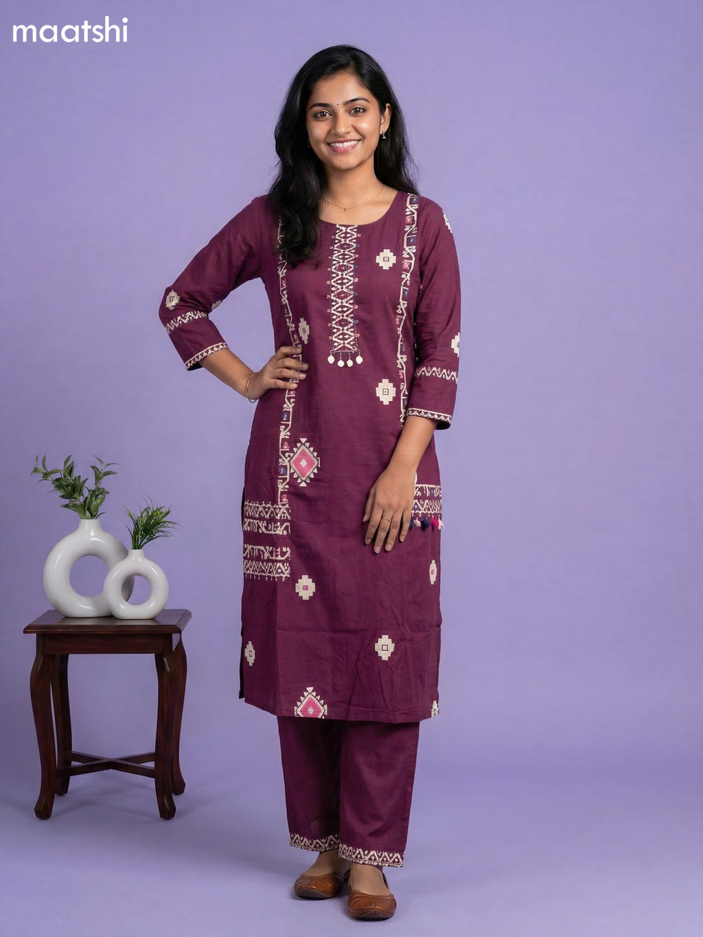 Dark Magenta Pink Cotton Printed & Simple Embroidery Work Straight Suit