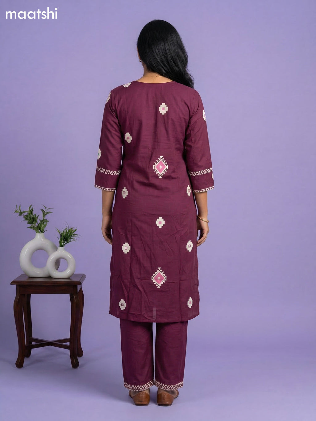 Dark Magenta Pink Cotton Printed & Simple Embroidery Work Straight Suit