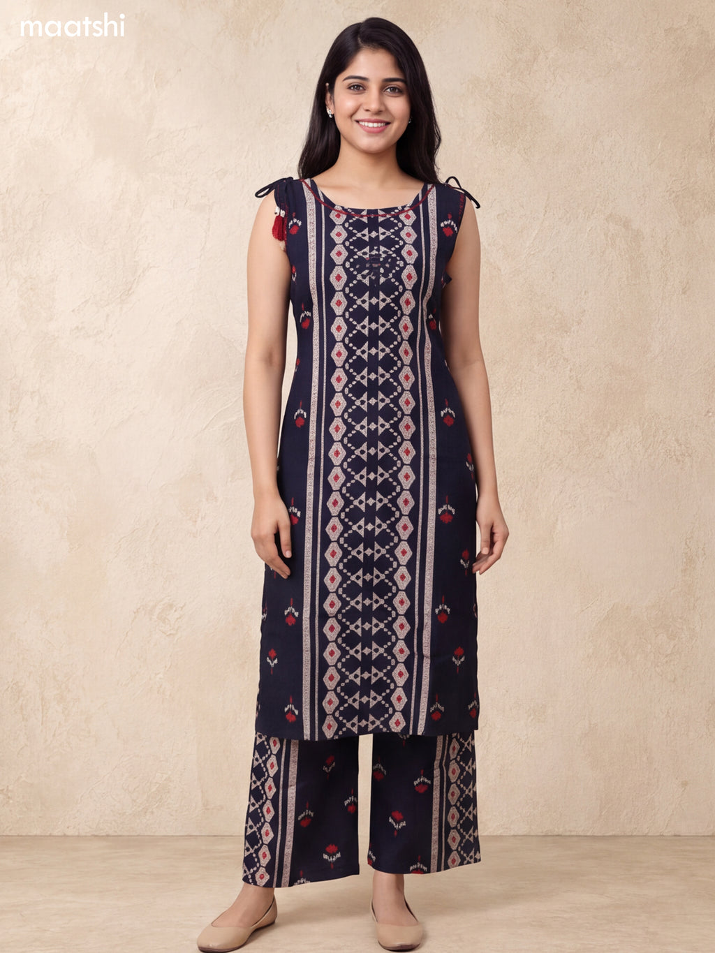 Deep Navy Blue and Beige Rayon Geometric Printed & Embroidery Work Long Co-Ord Set