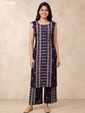 Deep Navy Blue and Beige Rayon Geometric Printed & Embroidery Work Long Co-Ord Set