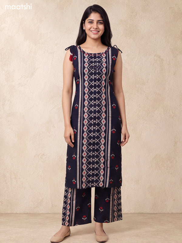Deep Navy Blue and Beige Rayon Geometric Printed & Embroidery Work Long Co-Ord Set
