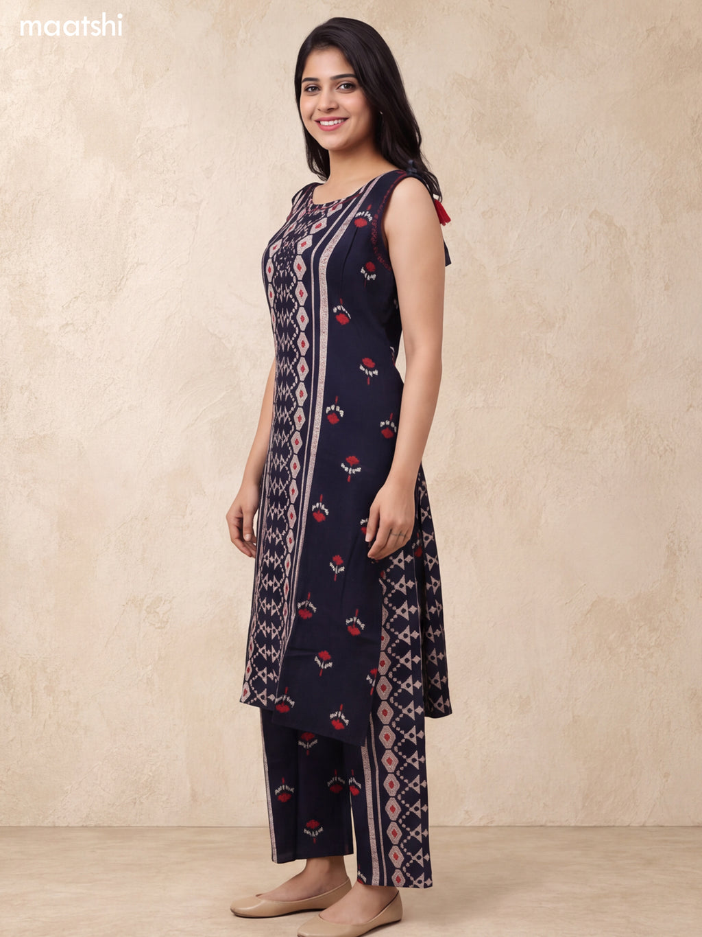 Deep Navy Blue and Beige Rayon Geometric Printed & Embroidery Work Long Co-Ord Set