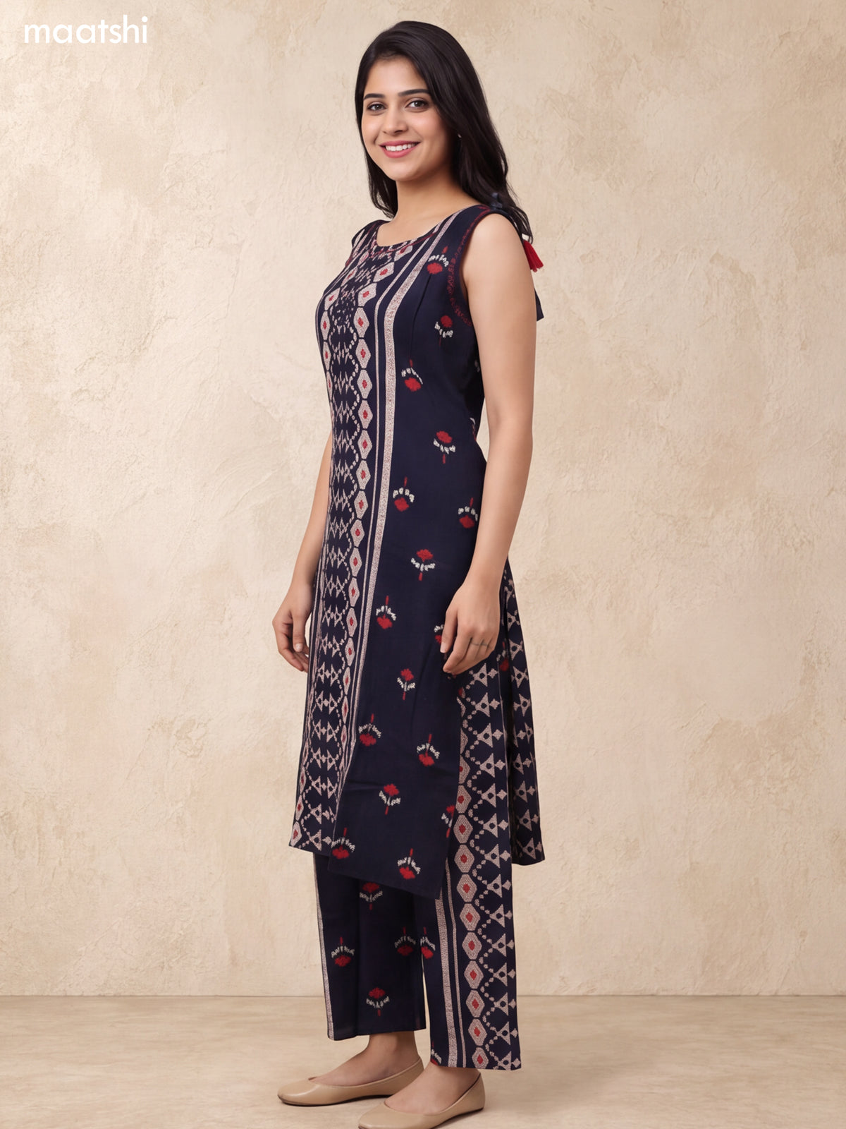 Deep Navy Blue and Beige Rayon Geometric Printed & Embroidery Work Long Co-Ord Set