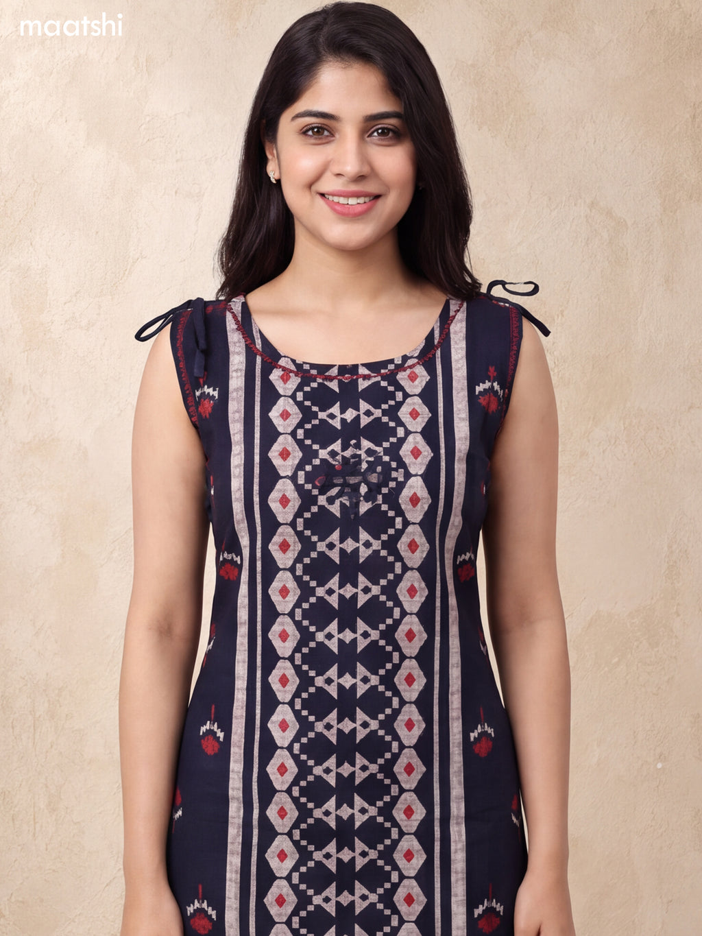 Deep Navy Blue and Beige Rayon Geometric Printed & Embroidery Work Long Co-Ord Set