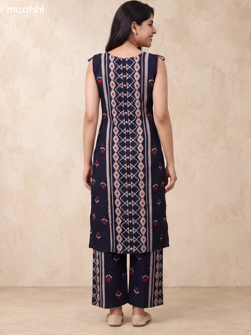 Deep Navy Blue and Beige Rayon Geometric Printed & Embroidery Work Long Co-Ord Set
