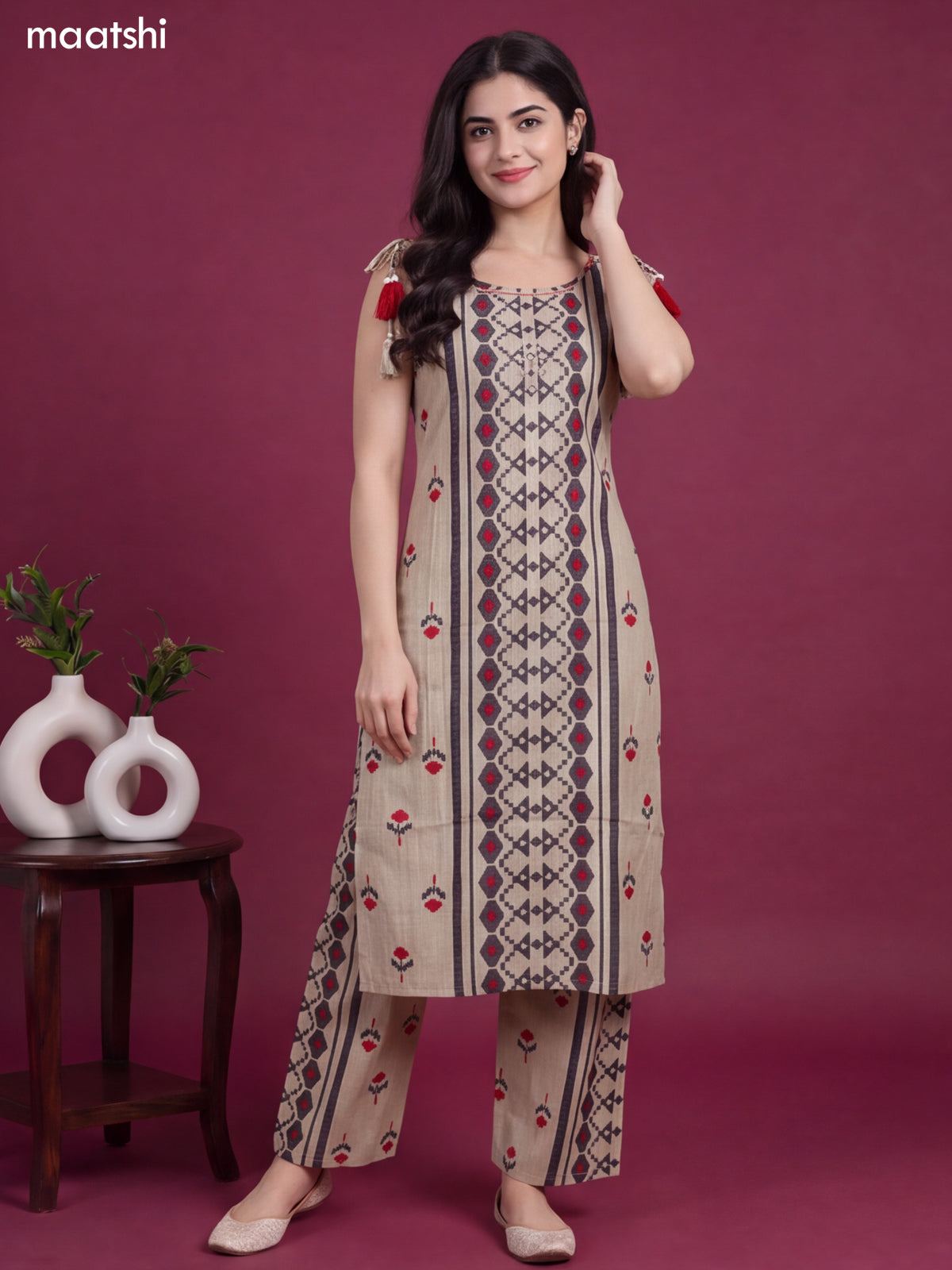 Biege and Dark Grey Rayon Geometric Printed & Embroidery Work Long Co-Ord Set