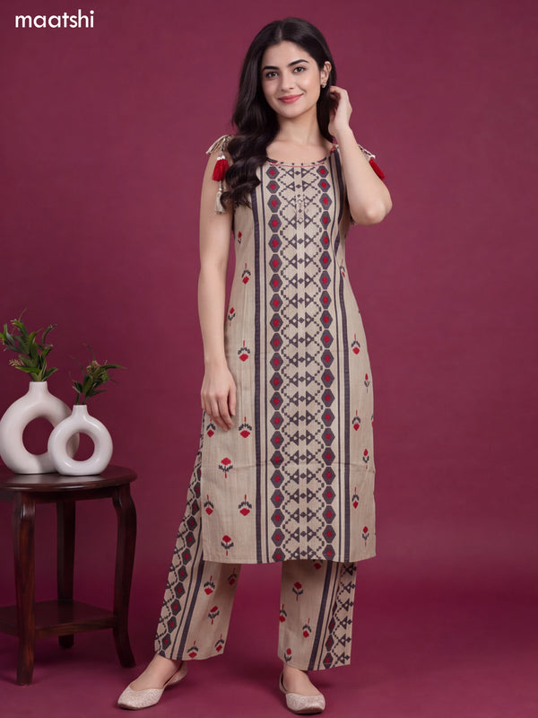Biege and Dark Grey Rayon Geometric Printed & Embroidery Work Long Co-Ord Set