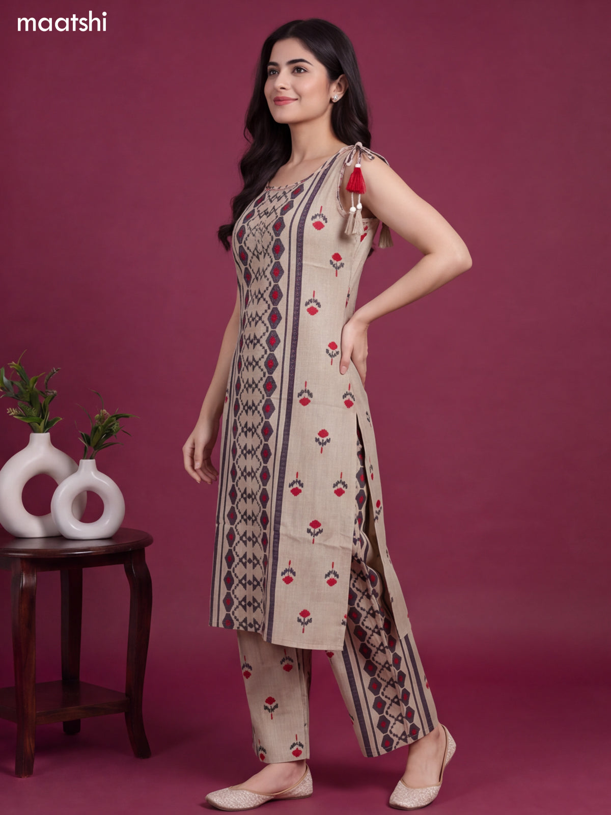 Biege and Dark Grey Rayon Geometric Printed & Embroidery Work Long Co-Ord Set