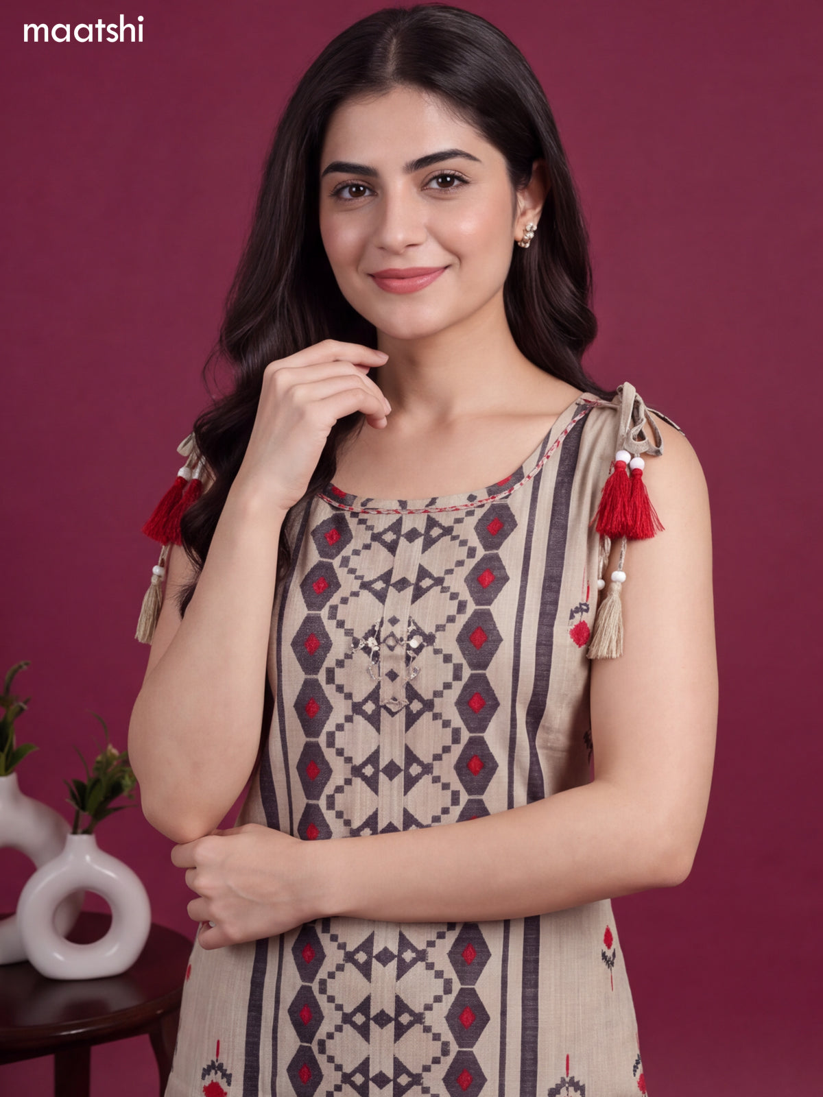 Biege and Dark Grey Rayon Geometric Printed & Embroidery Work Long Co-Ord Set