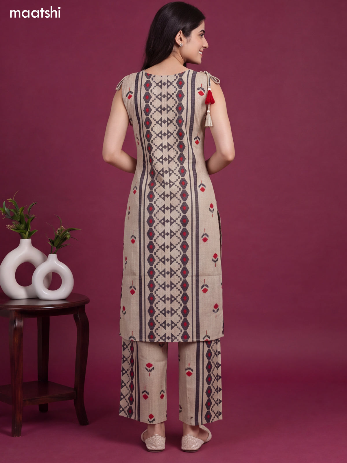 Biege and Dark Grey Rayon Geometric Printed & Embroidery Work Long Co-Ord Set