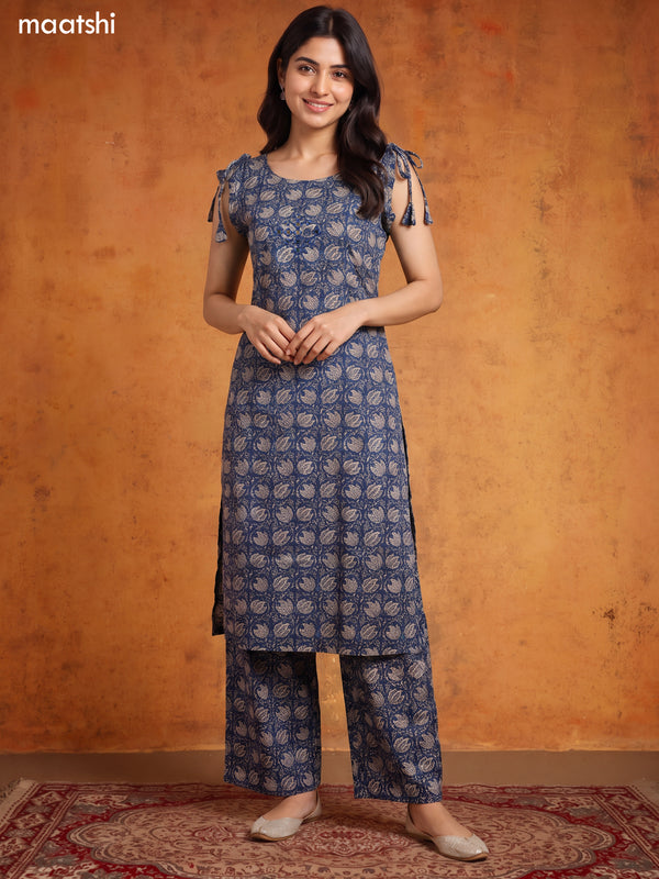 Navy Blue and Biege Cotton Floral Printed Long Co-Ord Set