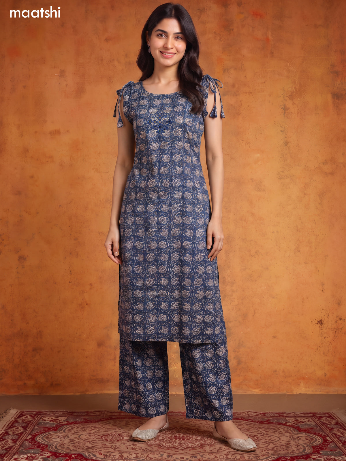 Navy Blue and Biege Cotton Floral Printed Long Co-Ord Set