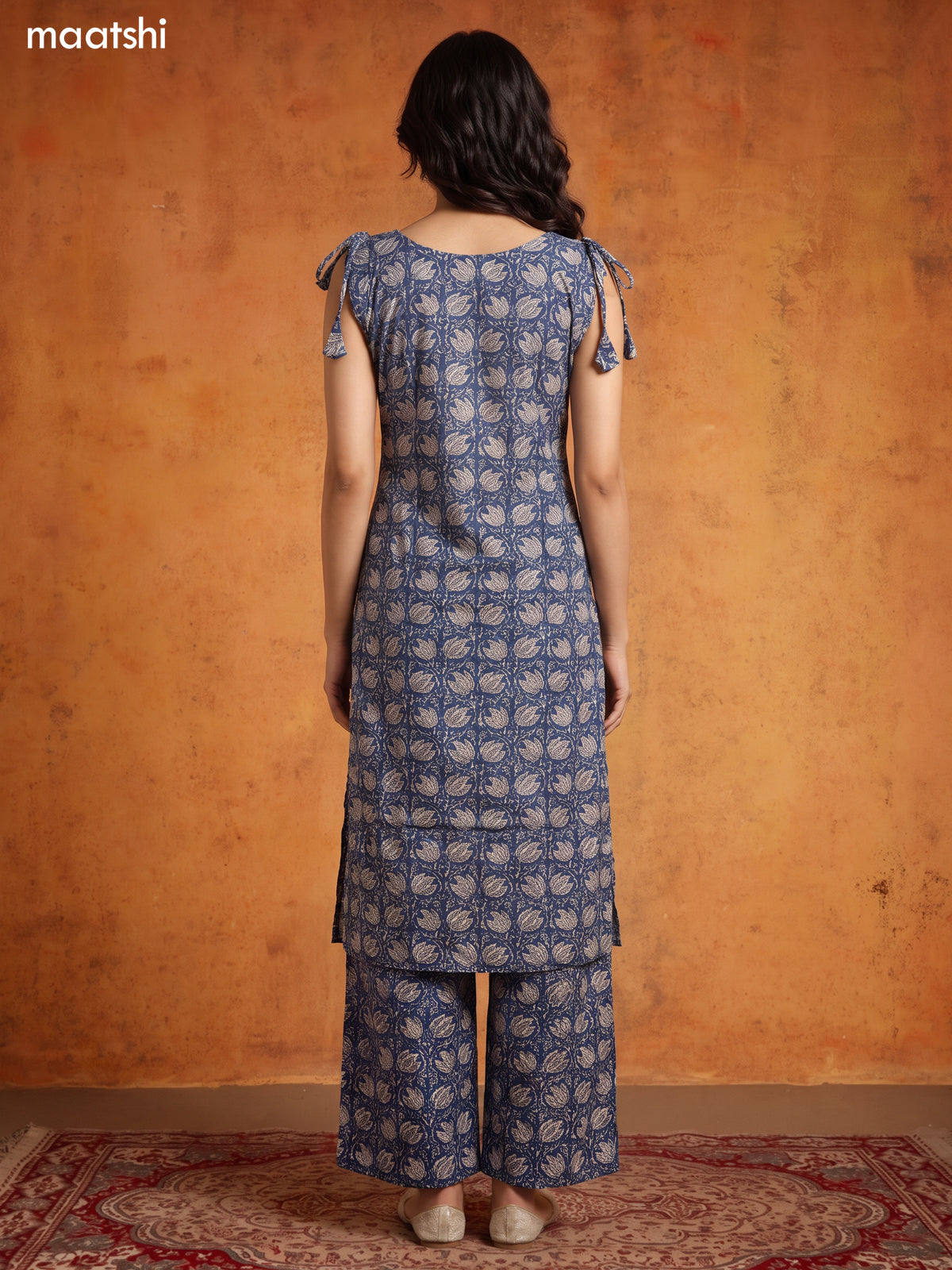 Navy Blue and Biege Cotton Floral Printed Long Co-Ord Set