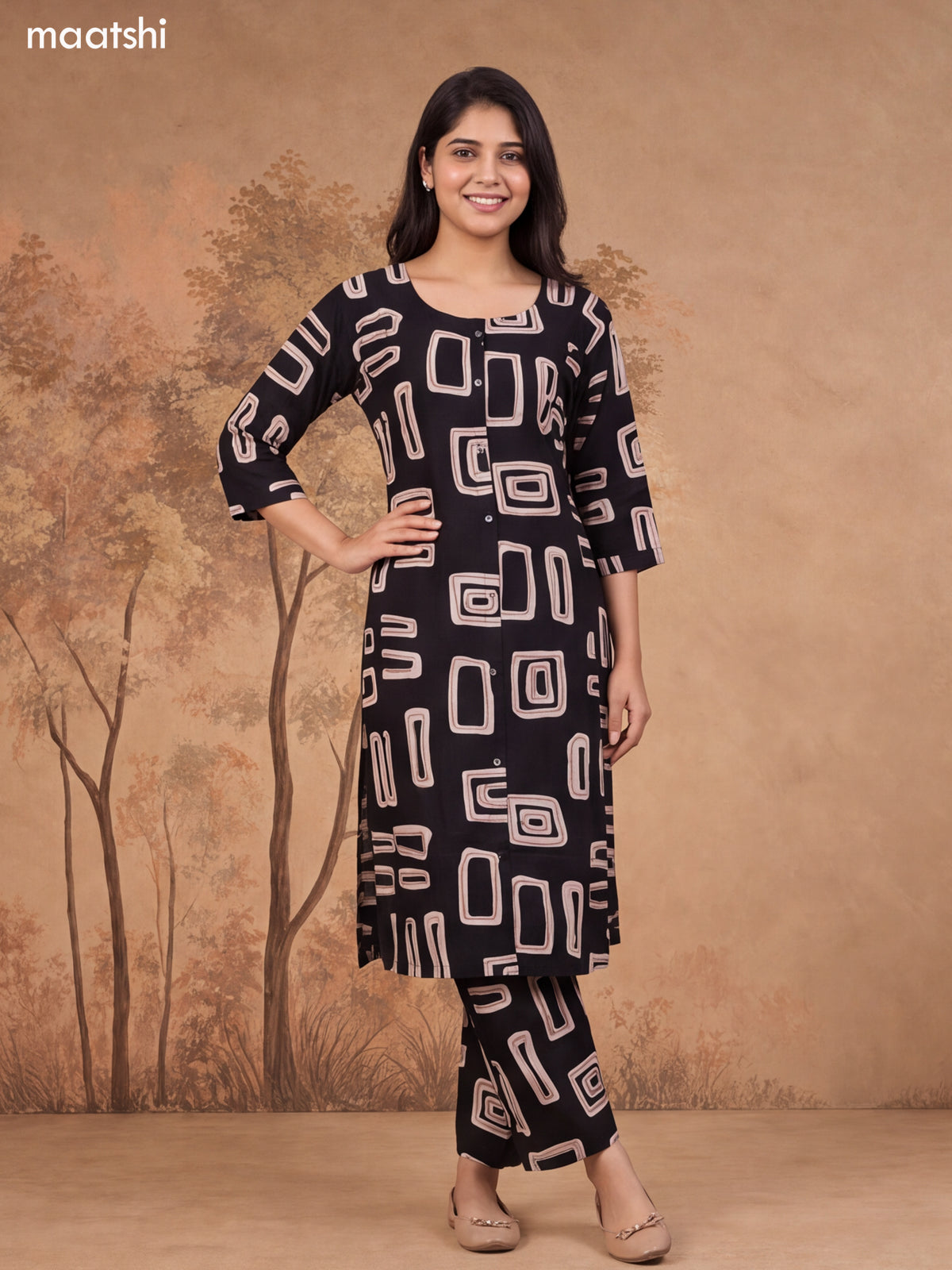 Black and Biege Cotton Printed Long Co-Ord Set