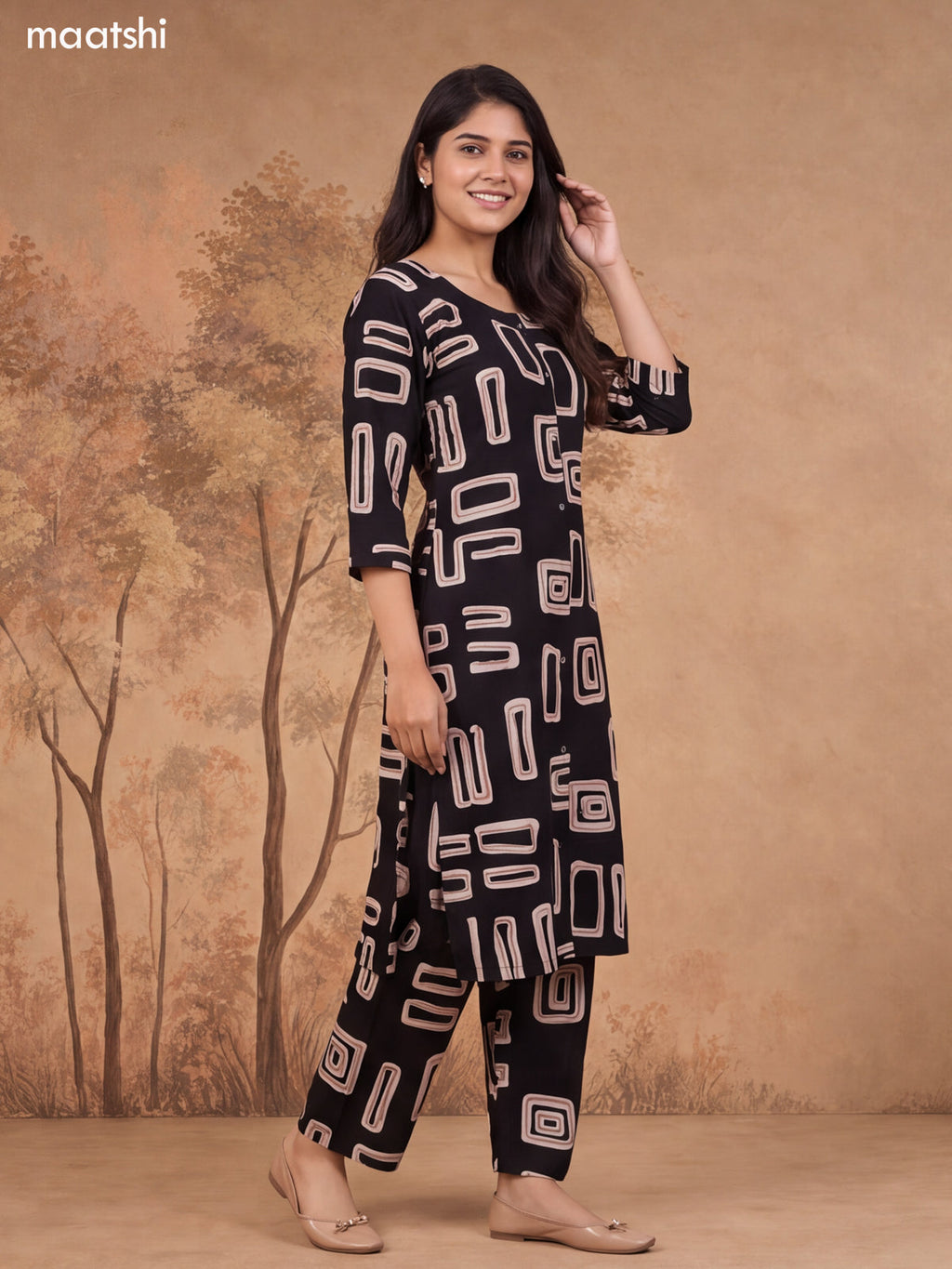 Black and Biege Cotton Printed Long Co-Ord Set