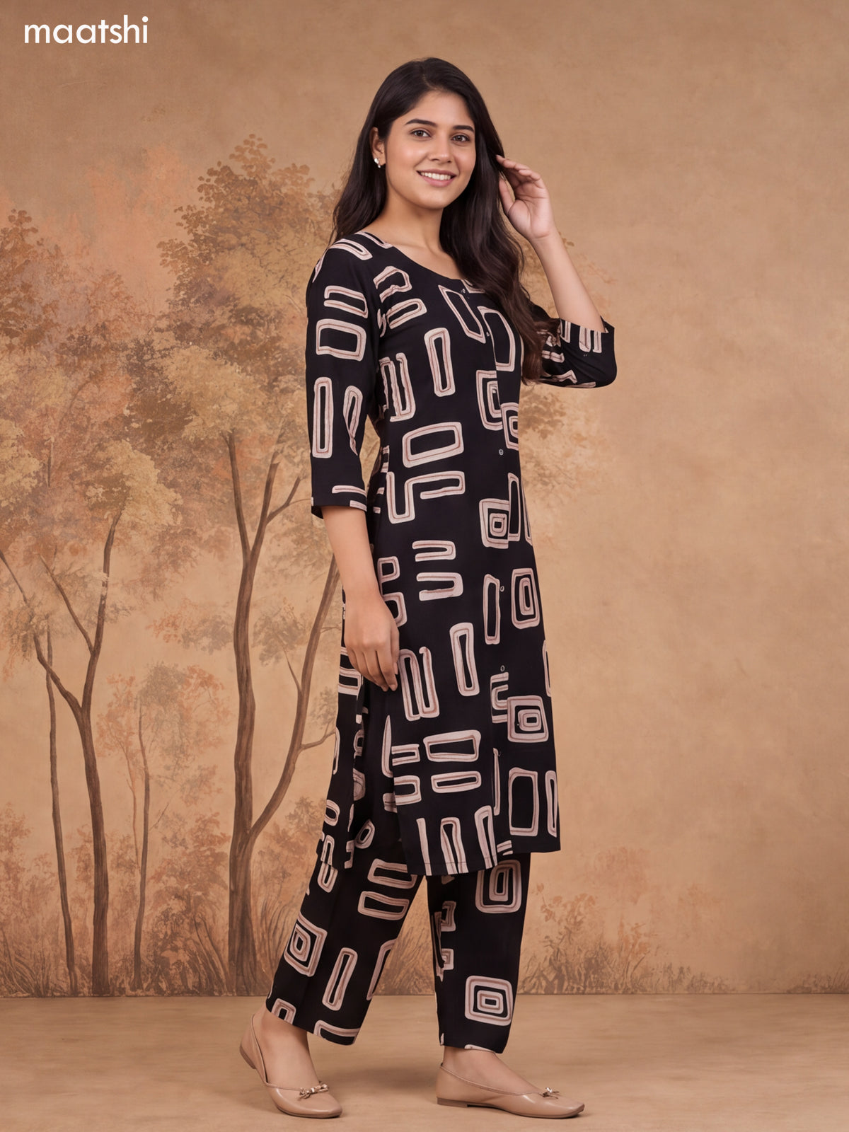 Black and Biege Cotton Printed Long Co-Ord Set