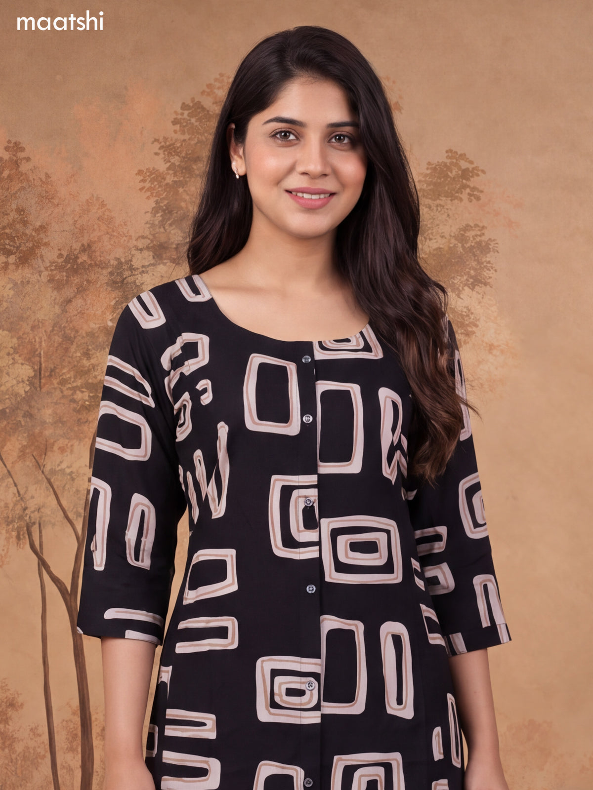 Black and Biege Cotton Printed Long Co-Ord Set