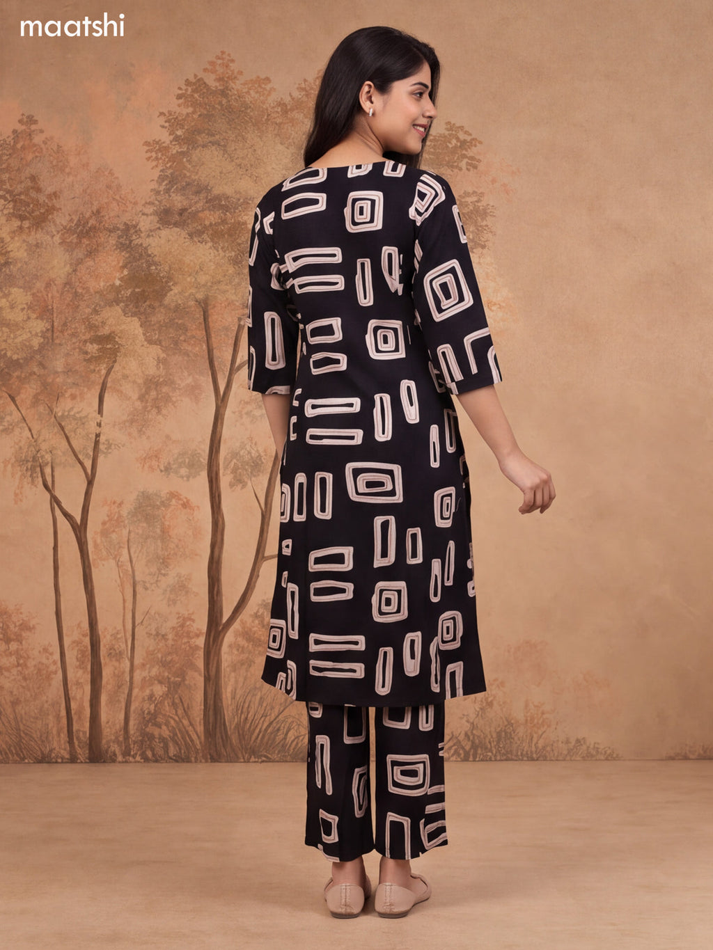 Black and Biege Cotton Printed Long Co-Ord Set