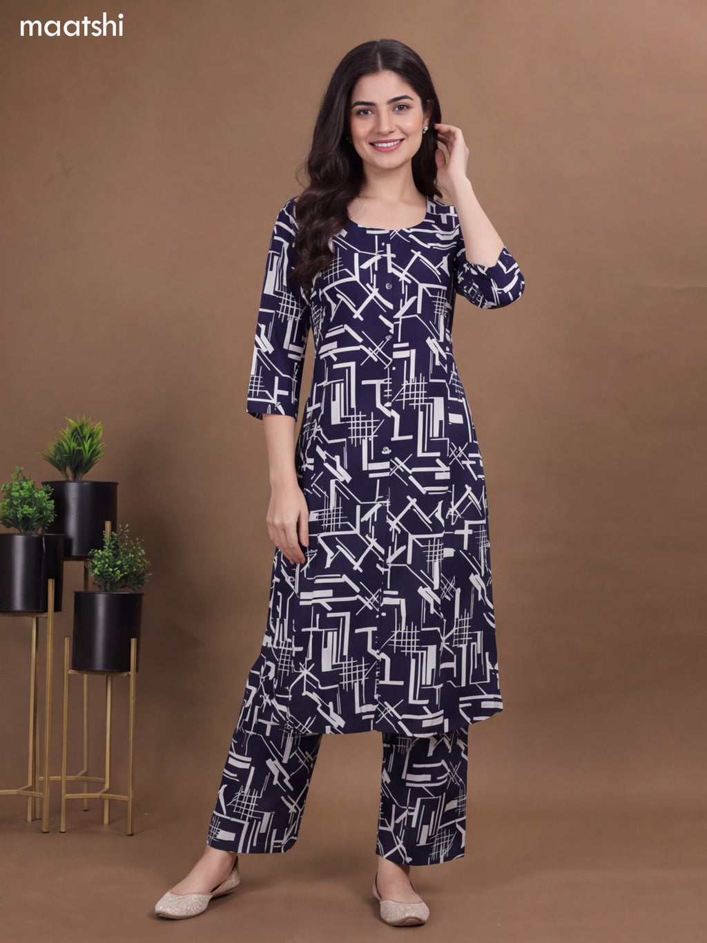 Deep Navy Blue Cotton Printed Long Co-Ord Set