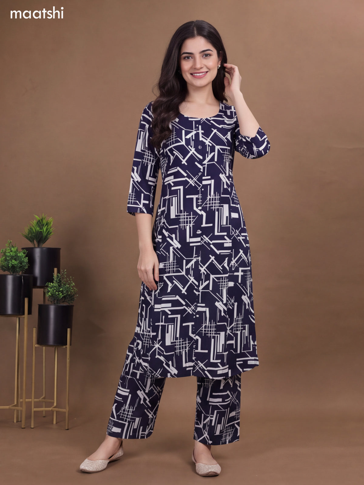 Deep Navy Blue Cotton Printed Long Co-Ord Set