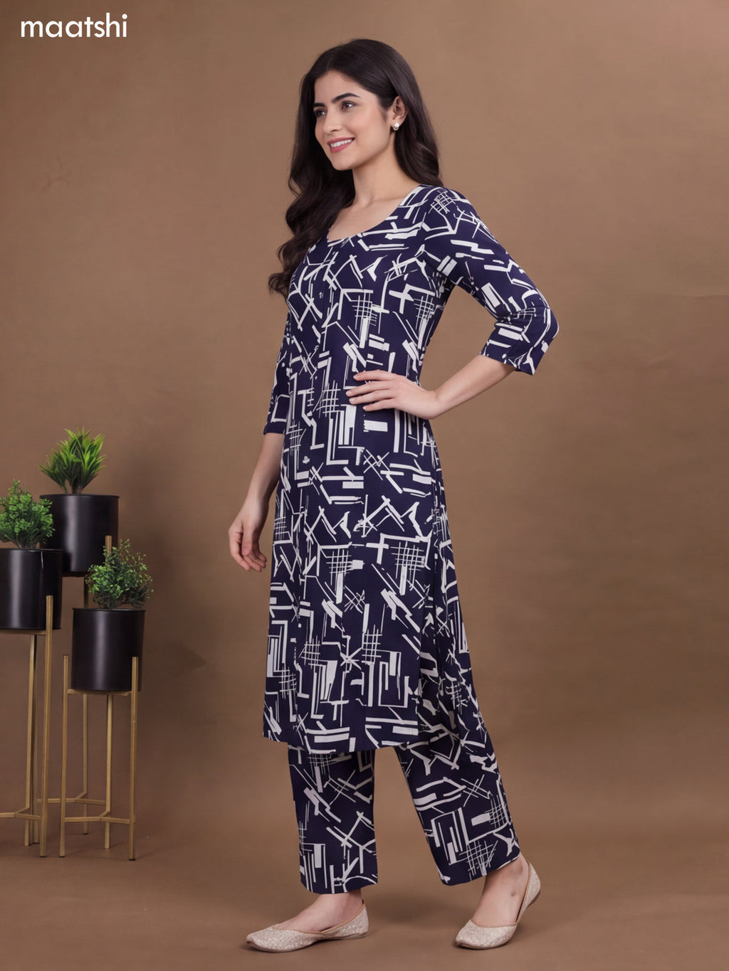 Deep Navy Blue Cotton Printed Long Co-Ord Set