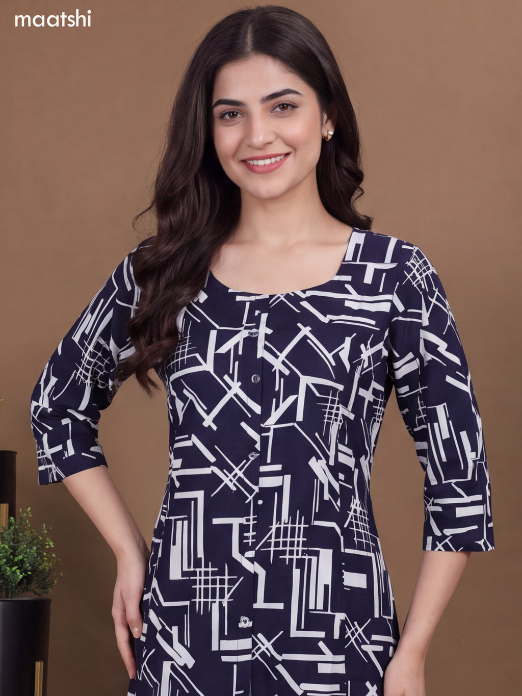 Deep Navy Blue Cotton Printed Long Co-Ord Set
