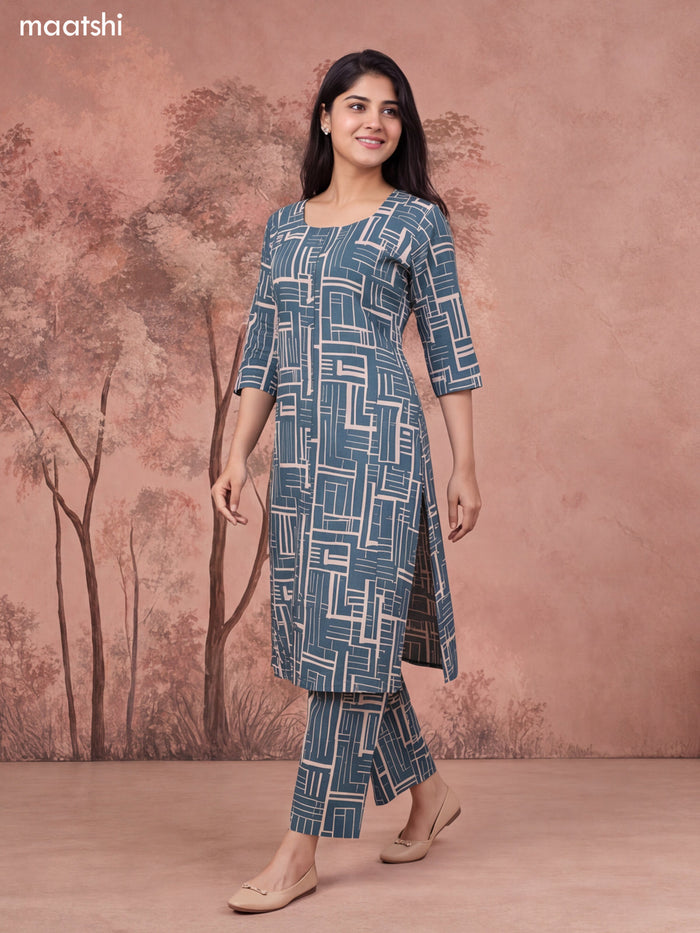 Green and Beige Cotton Printed Long Co-Ord Set