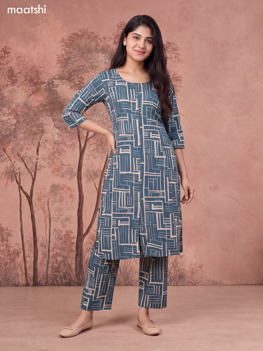 Green and Beige Cotton Printed Long Co-Ord Set