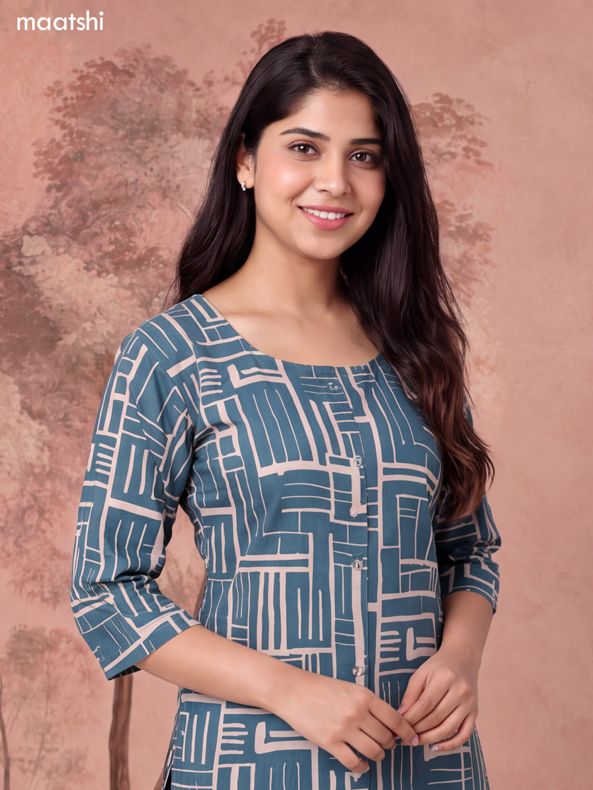 Green and Beige Cotton Printed Long Co-Ord Set