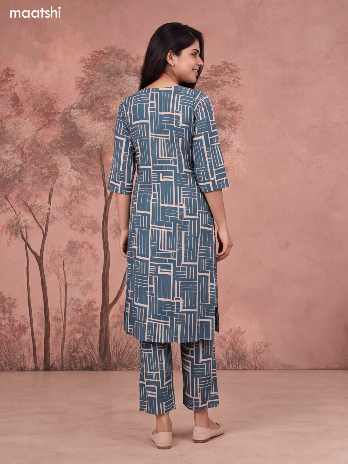 Green and Beige Cotton Printed Long Co-Ord Set