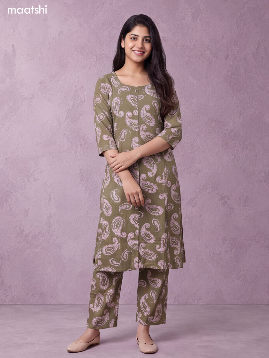 Elaichi Green and Biege Cotton Printed Long Co-Ord Set