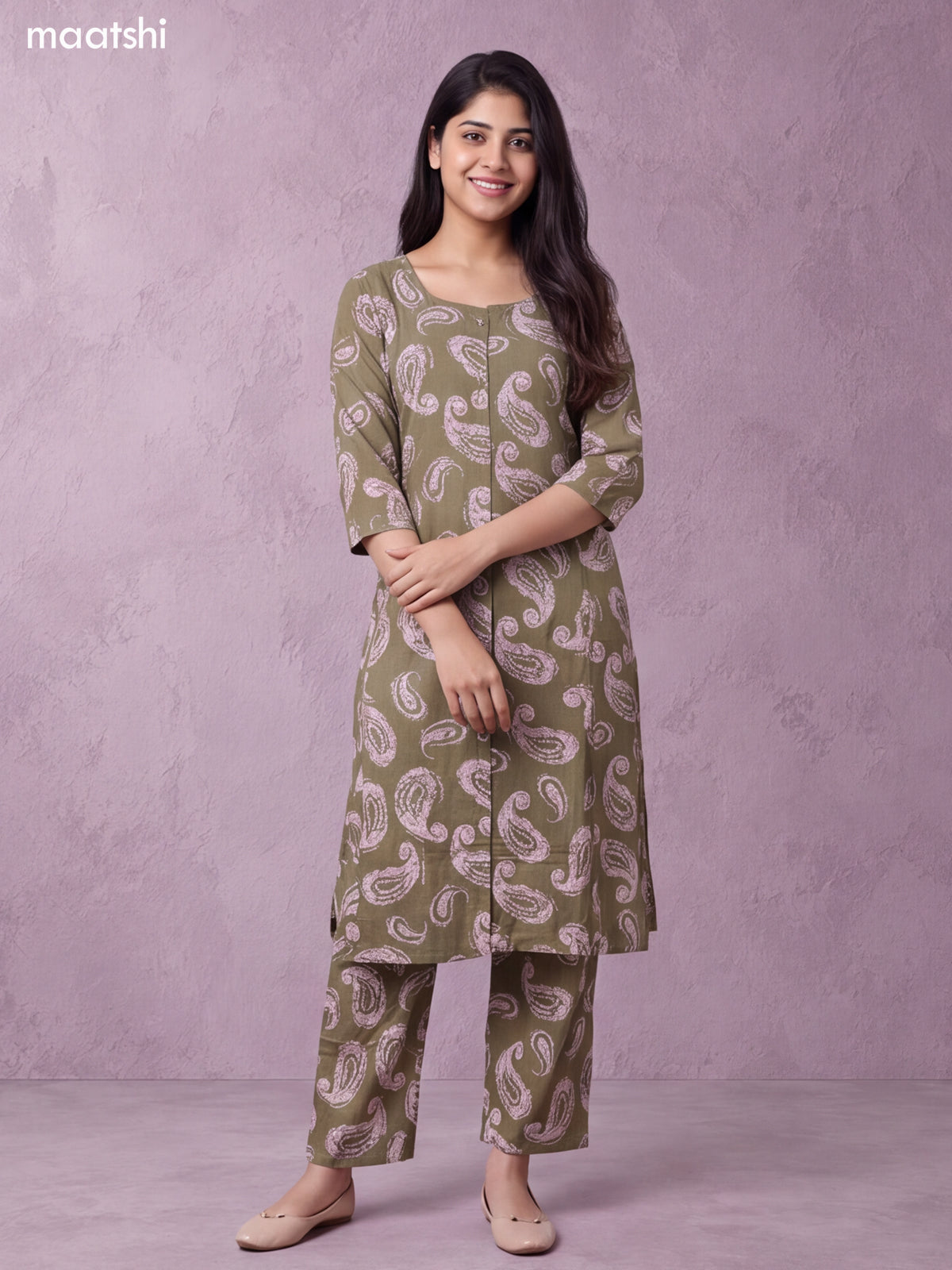 Elaichi Green and Biege Cotton Printed Long Co-Ord Set