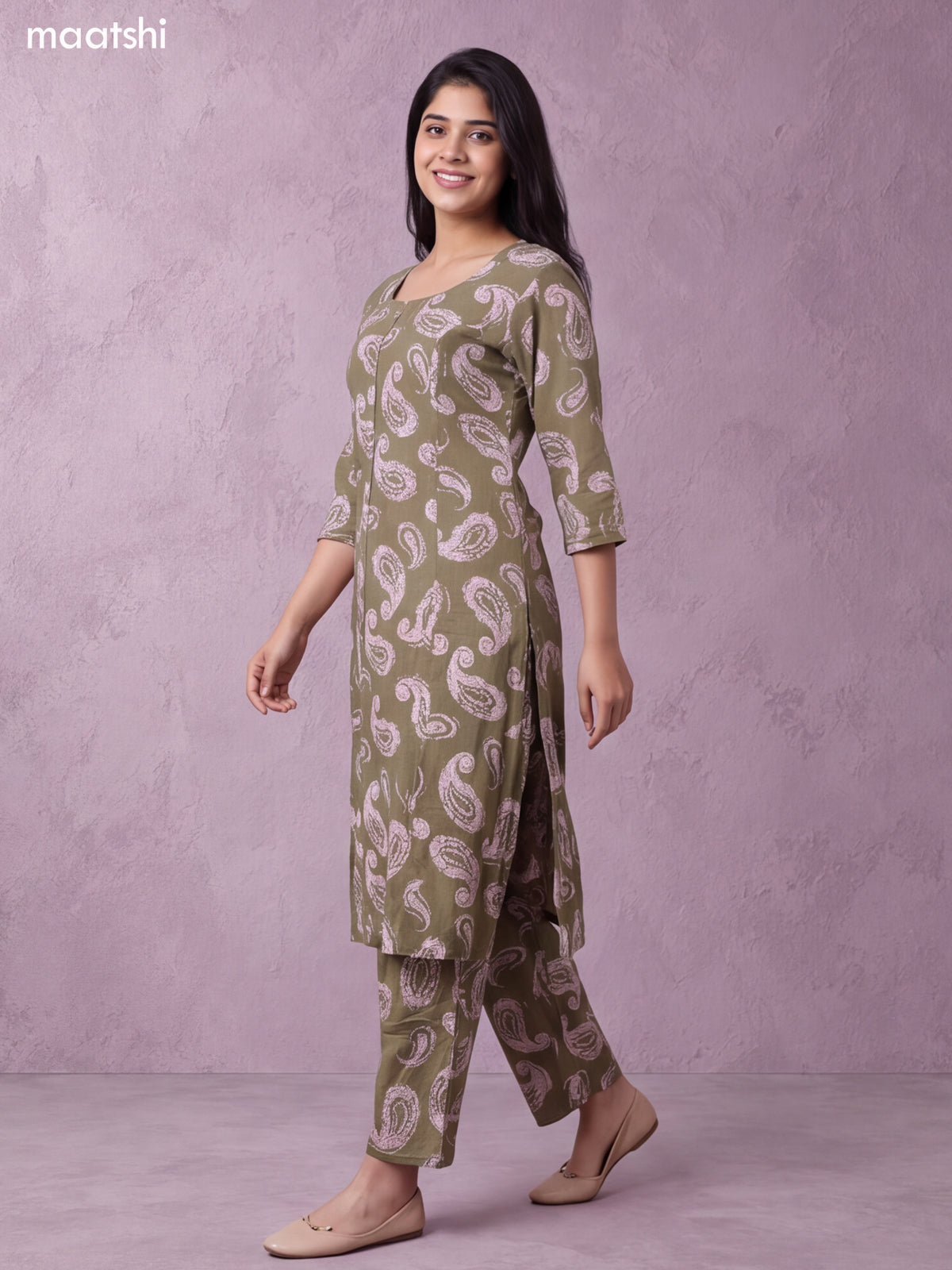 Elaichi Green and Biege Cotton Printed Long Co-Ord Set