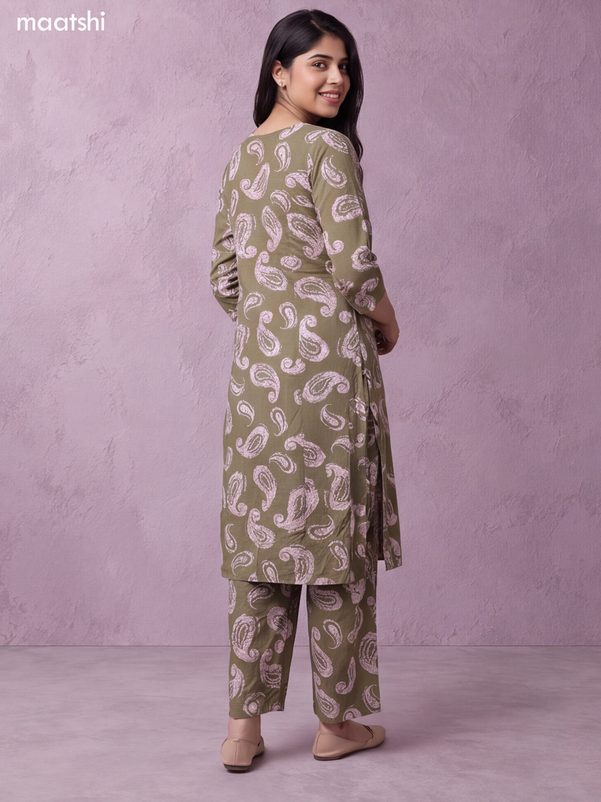 Elaichi Green and Biege Cotton Printed Long Co-Ord Set