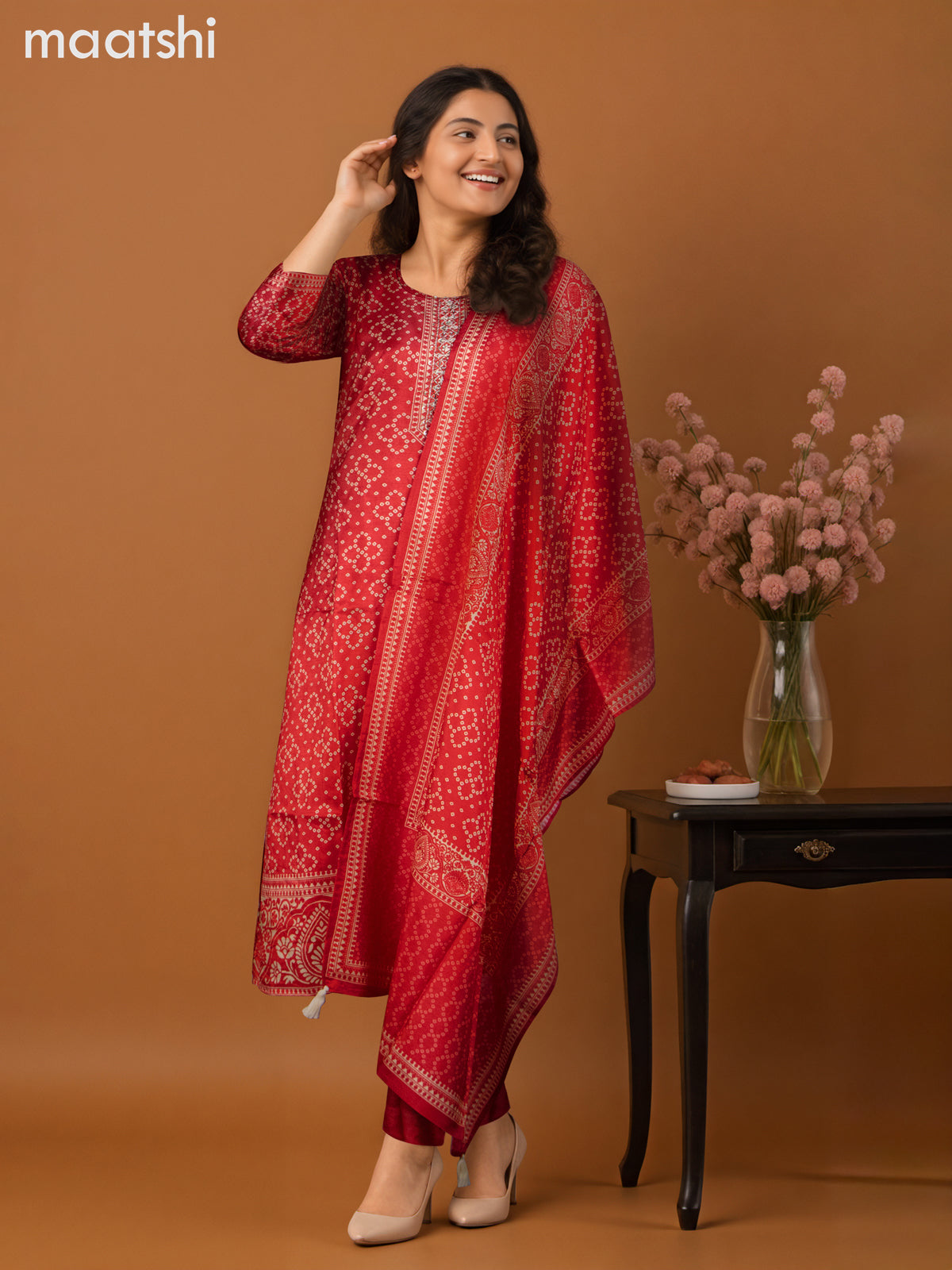 Chanderi salwar suit red shade with allover bandhini prints & embroidery sequin work neck pattern and straight cut pant & dupatta