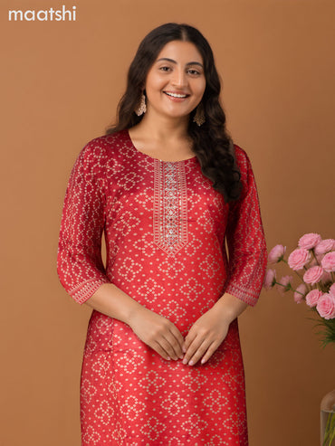Chanderi salwar suit red shade with allover bandhini prints & embroidery sequin work neck pattern and straight cut pant & dupatta