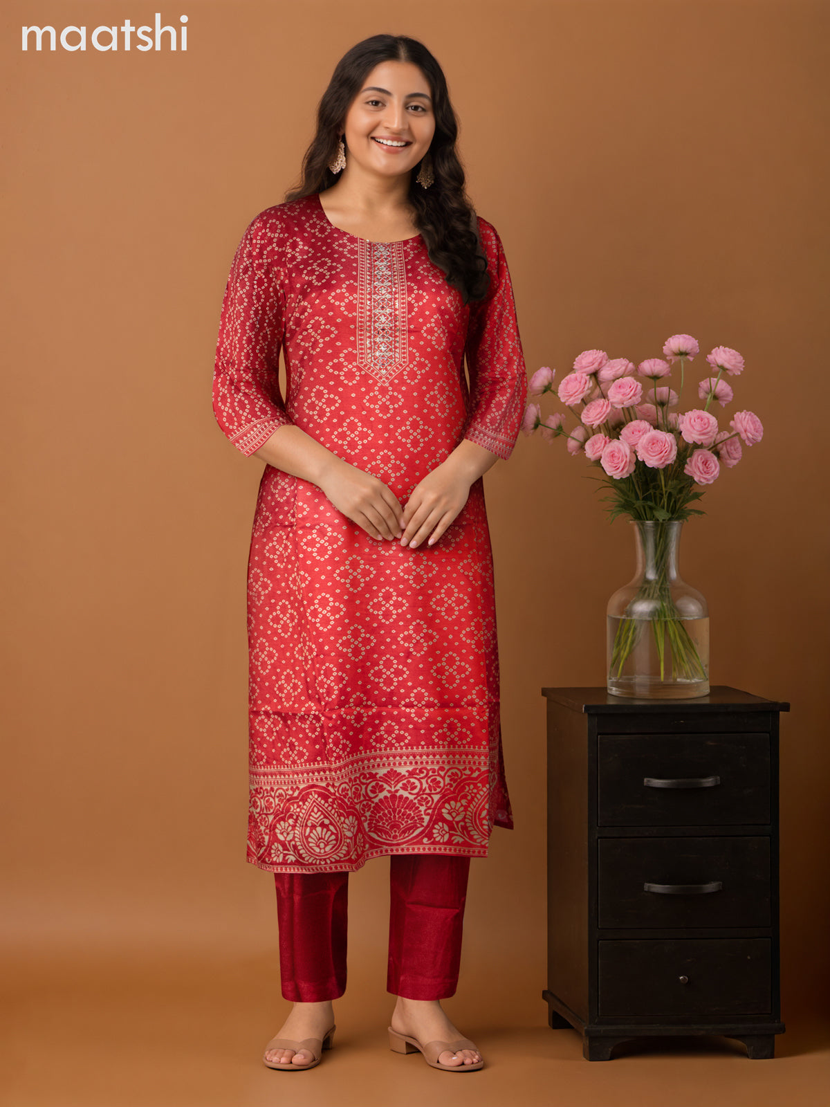 Chanderi salwar suit red shade with allover bandhini prints & embroidery sequin work neck pattern and straight cut pant & dupatta