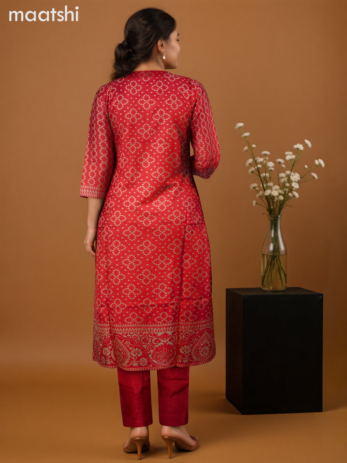 Chanderi salwar suit red shade with allover bandhini prints & embroidery sequin work neck pattern and straight cut pant & dupatta