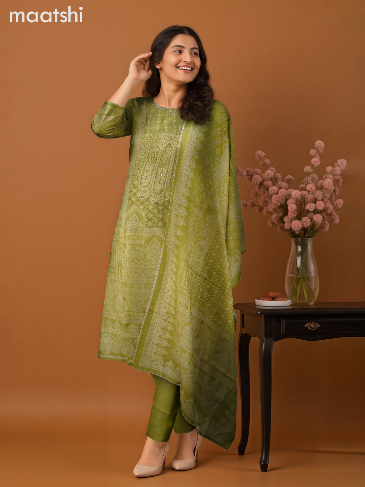 Chanderi salwar suit light green with allover prints & kantha stitch work neck pattern and straight cut pant & dupatta