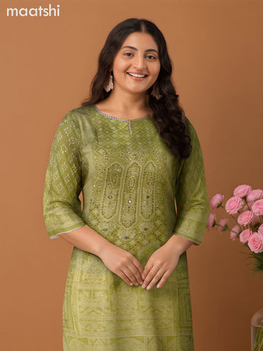 Chanderi salwar suit light green with allover prints & kantha stitch work neck pattern and straight cut pant & dupatta