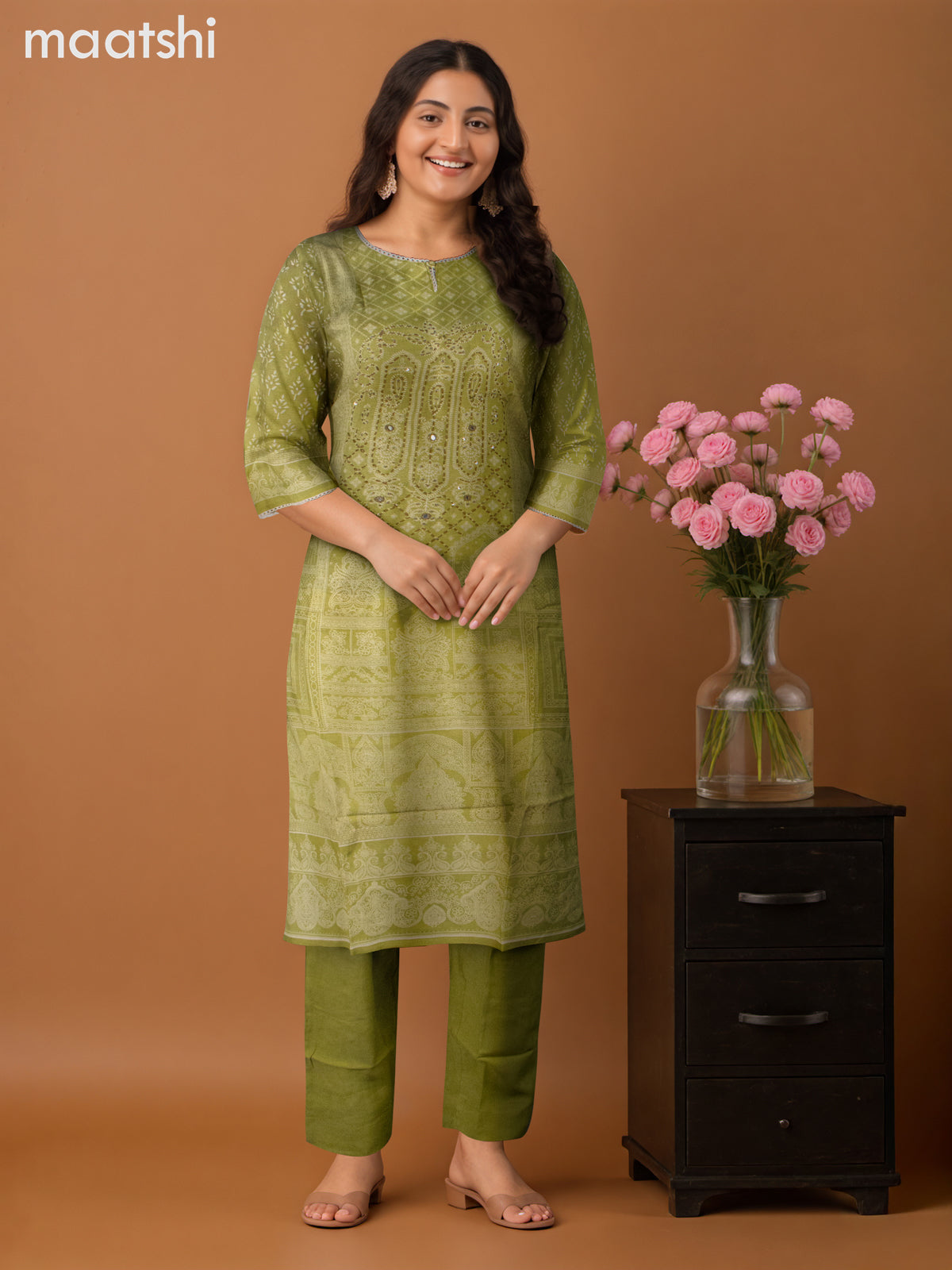 Chanderi salwar suit light green with allover prints & kantha stitch work neck pattern and straight cut pant & dupatta