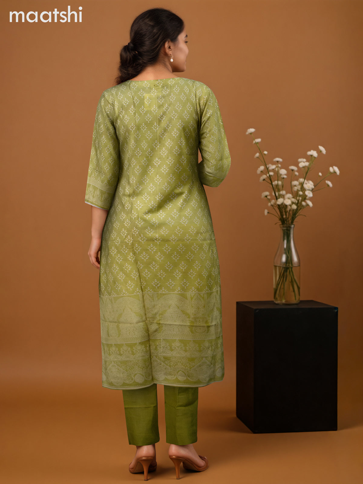 Chanderi salwar suit light green with allover prints & kantha stitch work neck pattern and straight cut pant & dupatta