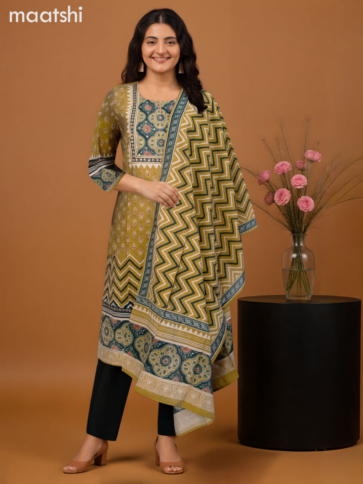 Chanderi salwar suit mehendi green and green with allover prints & sequin work neck pattern and straight cut pant & dupatta