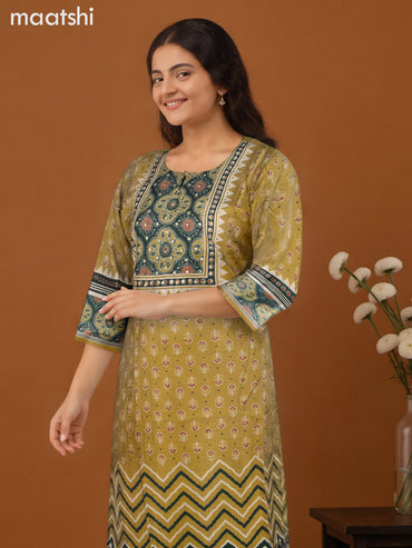 Chanderi salwar suit mehendi green and green with allover prints & sequin work neck pattern and straight cut pant & dupatta