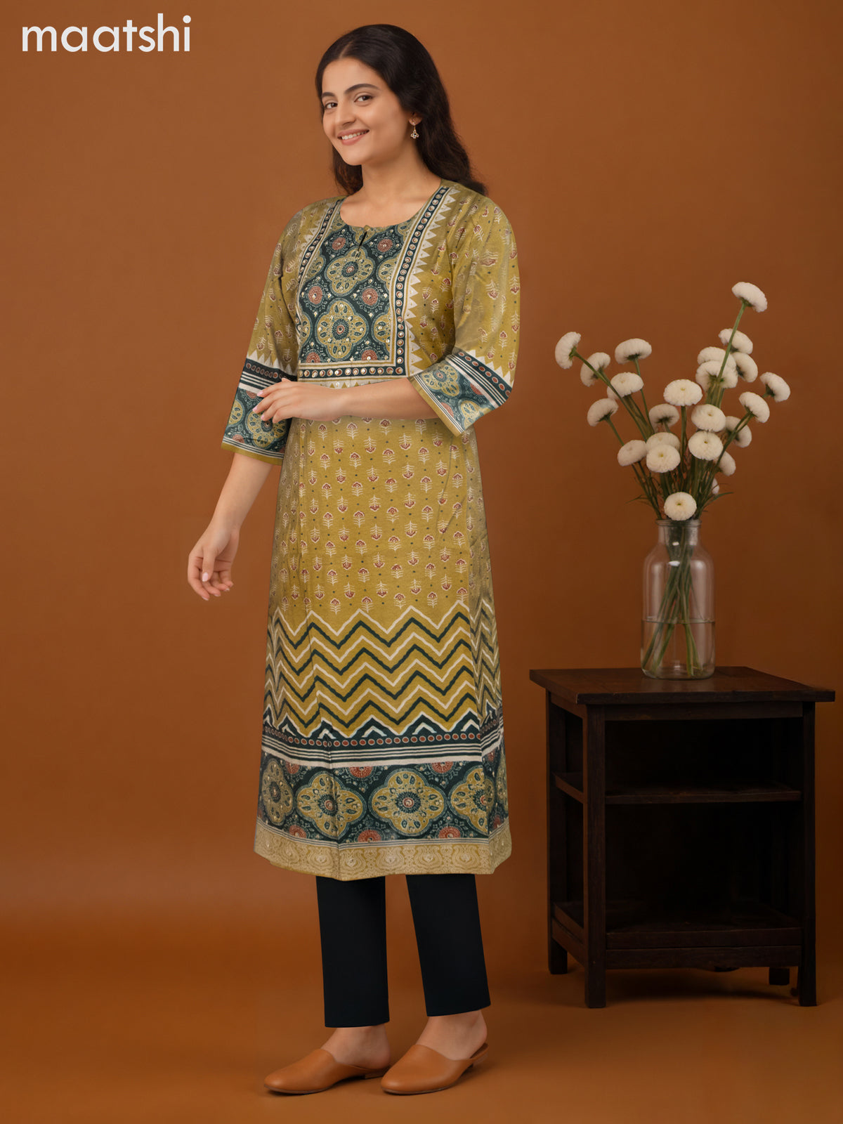 Chanderi salwar suit mehendi green and green with allover prints & sequin work neck pattern and straight cut pant & dupatta