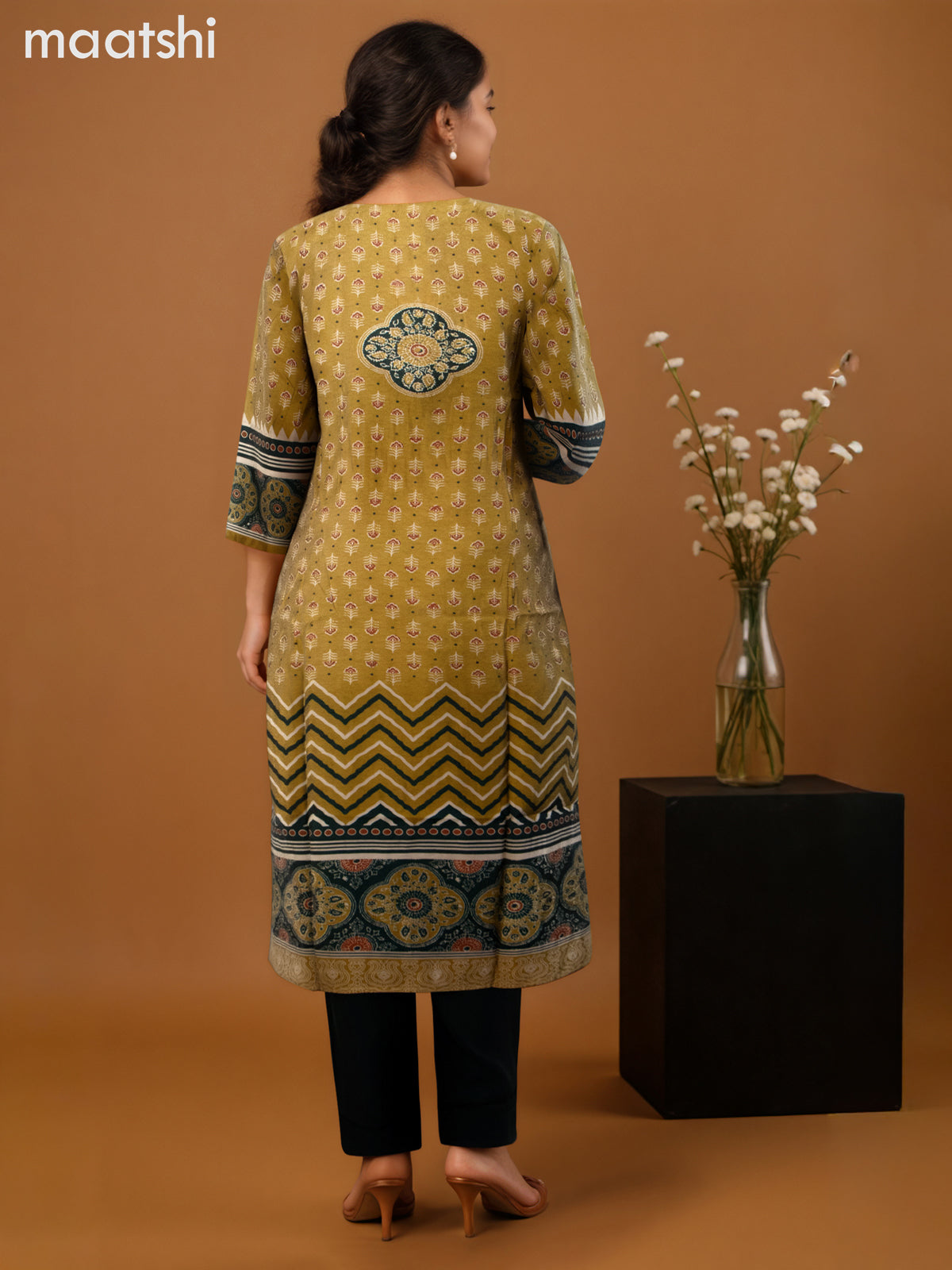 Chanderi salwar suit mehendi green and green with allover prints & sequin work neck pattern and straight cut pant & dupatta