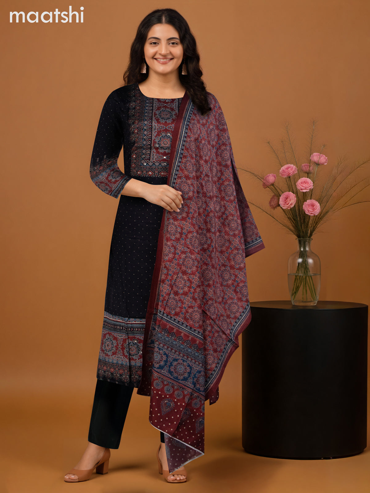 Muslin salwar suit black and maroon with ajrakh prints sequin work neck pattern and straight cut pant & dupatta